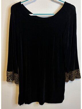 Chico's Travelers 2 Long Sleeve Blouse Black Gold Sequin Cuff Tunic Stretch Sz L